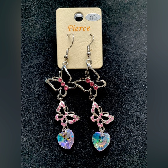 Butterfly Earrings with Pink Rhinestones - Picture 2 of 4